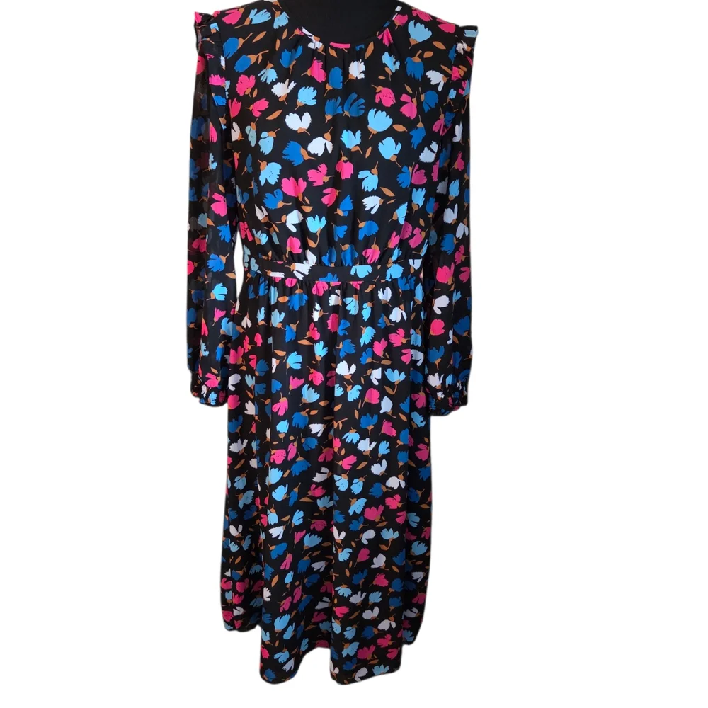 J. Crew Blue Floral A-Line Dress with Ruffle Sleeves Size 12 - Picture 2 of 9